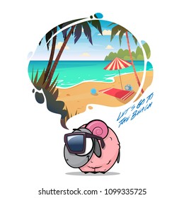 To the beach. Funny vector illustration with animal character and beach scene.