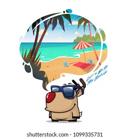 To the beach. Funny vector illustration with animal character and beach scene.