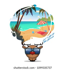 To the beach. Funny vector illustration with animal character and beach scene.