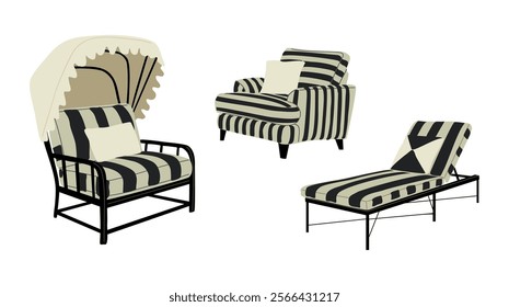 Beach furniture Set. Outdoor, porch zone, garden, patio furniture with striped covers. Cozy garden yard interior elements, armchair, chair, sofa, lounger, sunbed. Vector illustrations isolated.