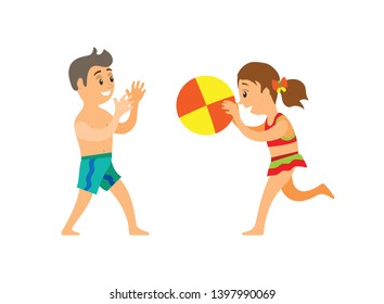 Beach game, boy and girl throwing ball, children in swimwear vector. Kids in trunks and swimsuit, summertime and holidays on seaside isolated characters