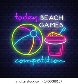 Beach games competition. Summer holiday banner. Neon banner. Neon sign. Vector.