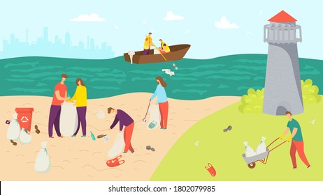 Beach with garbage, people clean environment vector illustration. Volunteer character pick up trash from nature ecology. Cartoon man woman cleaning ocean, plastic waste and pollution.