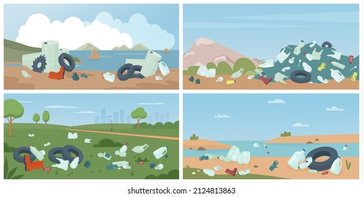 Beach with garbage trash, dirty nature environment set vector illustration. Cartoon polluted scenery of summer city park, river ocean or sea coast with plastic waste pollution problem background