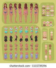 Beach Girl Character Creation Set. Woman in Swimming Suit. Full Length, Different Views, Emotions, Gestures. DIY design. Cartoon Style Infographic Illustration