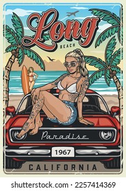 Beach girl driver poster colorful cool car with woman on hood who came to resort to go surfing vector illustration