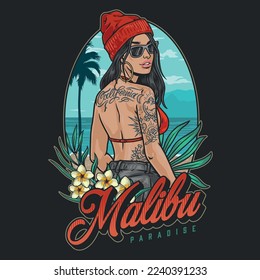 Beach girl Malibu poster colorful summer looks woman in bra and hat standing on paradise beach tropical coast vector illustration