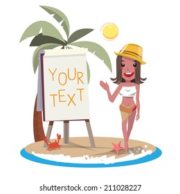 beach girl with presenting board. vector illustration