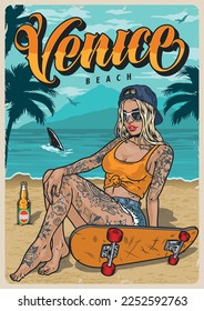 Beach girl skateboarder poster colorful woman zoomer sits on sand resting on seashore on summer vacation vector illustration