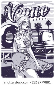 Beach girl skateboarder poster monochrome with lady walking along promenade holding skateboard dressed in hipster style vector illustration