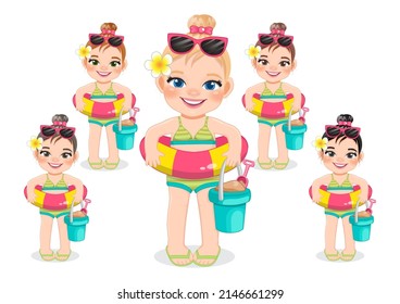 Beach girl in summer holiday.  Kids holding rubber ring cartoon character design vector