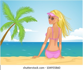 Beach girl. Vector image of a cute blond girl on the beach. EPS10, used transparency in glasses.
