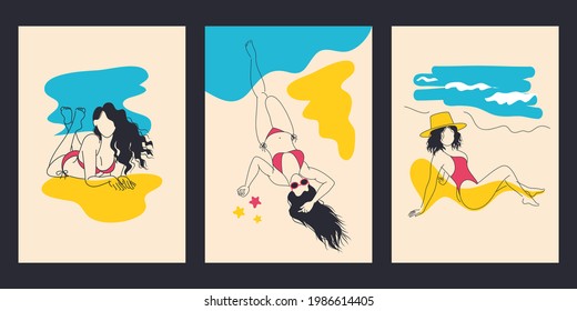 Beach girls having sunbath on the seaside. Summer recreation. Set of vector illustration, template, minimalism, abstraction, contemporary line art. Poster, banner, print, design element, shopping bag