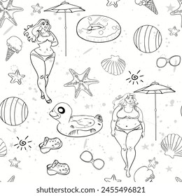 Beach and girls pattern. Summer pattern rest. Variety set of summer elements
