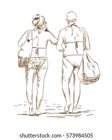 Beach girls sketch in vector.