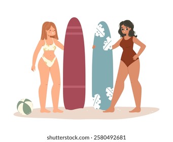 Beach girls with surfboards. Happy young women in swimsuits and bikini stand on sand. Summer teens vacation camp on ocean. Sea activities, vector characters