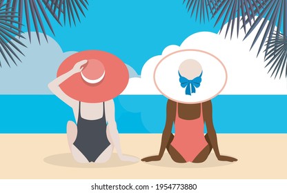 Niñas de la playa Ilustración vectorial en diseño plano Dos mujeres con sombreros de ancho y ancho en trajes de baño están sentadas a orillas del mar entre palmeras