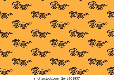 beach glasses doodle pattern seamless on yellow background for packaging and merchandise. retro summer eyewear pattern background. hand drawn sunglasses engraving illustration motif wallpaper