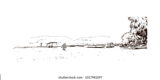 Beach in Goa, India. Hand drawn sketch illustration in vector.