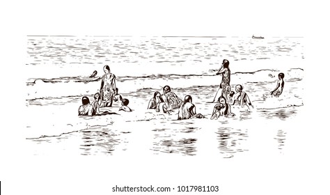 Beach in Goa, India. Hand drawn sketch illustration in vector.