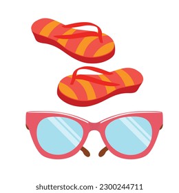 Beach goggles and beach flip flops. Beach accessories vector design.