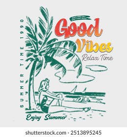 Beach good time retro, Girl sitting on the beach vintage t-shirt print design. Beach vibes t-shirt artwork. Palm tree, chare graphic print design. Enjoy summer time vector design. Beach mountain.