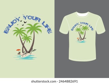 Beach good time retro t-shirt print design. Beach t-shirt artwork. Palm tree, chare graphic print design. Enjoy your life any where design.