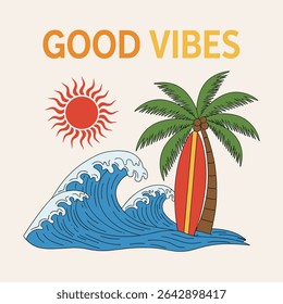 Beach good vibes. Enjoy beach life. Sunshine paradise graphic print design. Sunshine beach club for t shirt print, Surfing board.