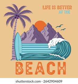 Beach good vibes. Enjoy beach life. Sunshine beach club for t shirt print, Surfing board. Sunshine paradise graphic print design.