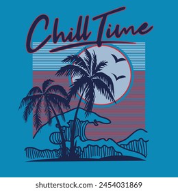 Strand gute Stimmung Grafikdesign. Palme mit Rettungsschwimmer-Turm-Print-Design für T-Shirt, Bekleidung, Aufkleber, Paket, Poster, Rahmen, Männer, Frauen, Kinder, Jungen und Mädchen. Kunstwerke der Sommerferien.