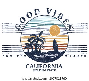 Beach Good Vibes T Shirt Design. California Surfing Tour Artwork. Palm Tree Graphic Print For Fashion