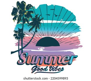 Beach good vibes t shirt design. Summer artwork. Palm tree graphic print for fashion.