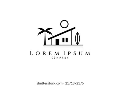 beach goods rental house logo with surfboard and palm tree decoration in simple flat design style concept