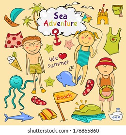Beach graphic set, cartoon children, ?ute sea animals, accessories in doodle style