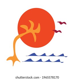 Beach graphic tee with sun, birds and coconut tree. Best for tee, logo and clothing. 