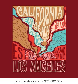 Beach graphics  California beach club typography Los Angeles sunshine wave Hand drawn summer vintage poster design t shirt print graphic vector