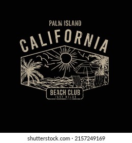 beach graphics California palm island  beach club typography summer beach scene hand drawn distressed tee graphics poster for t shirt print graphic design vector