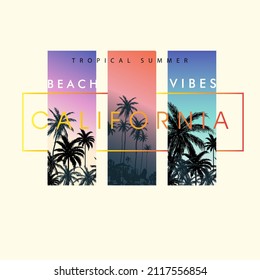 Beach graphics california summer beach vibes typographic graident tropical palm tree vector illustration for t shirt print graphic design vector poster banner flyer design