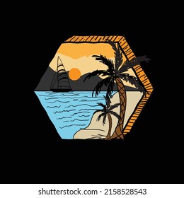 Gráficos de playa Escena de la playa dibujada a mano palmera del sol del mar navegar dibujos de barcos para camisetas impresión gráfico vector