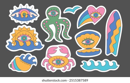 Playa surf abstracto groovy, olas, concha, langosta, pulpo. Trippy diseños de pegatinas brillantes.