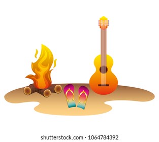 beach with guitar flip flops and campfire