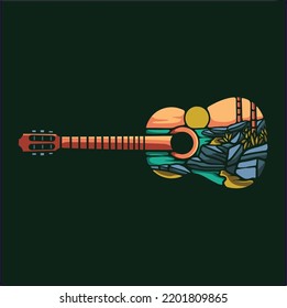 beach guitar illustration design for t-shirt screen printing design