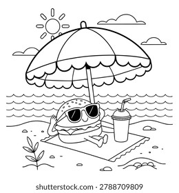 Beach hamburger wearing sunglasses under umbrella