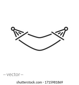 icono de hamaca de playa, concepto de relajación, símbolo web de línea delgada sobre fondo blanco - ilustración de trazo editable vectorial