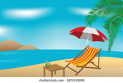 Beach hammocks, chairs and beach tables for summer holidays under the coconut trees by the sea beach.