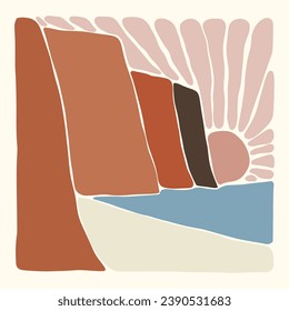 Beach Hand ziehen Sonnenuntergang auf Meer Landschaft Panorama. Das Bio-Doodle formt den matisse-Stil, die naive Kunst, die zeitgenössischen Hintergründe. Vektorgrafik von Strand und Canyon