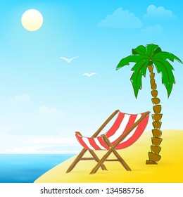 beach hand drawn banner with coconut palm trees and lounge eps10