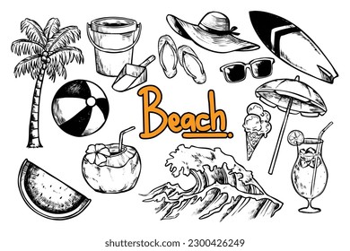 Beach hand drawn collection with beach balls, coconut trees, coconut ice, glasses, surfboards and more