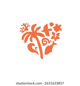 Beach hand drawn graphic print design. Summer icons forming a heart shape. color illustration consisting of beach elements: wave, shell, fish, bird, palm tree.