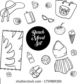 Beach hand drawn sketch illustration vector set. Woman swimsuit, ice scream, towel, ball, sunscreen and other items isolated in black outlines on a white background.